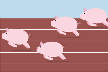 Mutual funds, pink piggy banks running quick to reach target, they compete on race track and field way to win the back cash diversion.