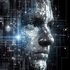Fototapeta na wymiar Digital human face abstraction big data artificial intelligence or cyber security
