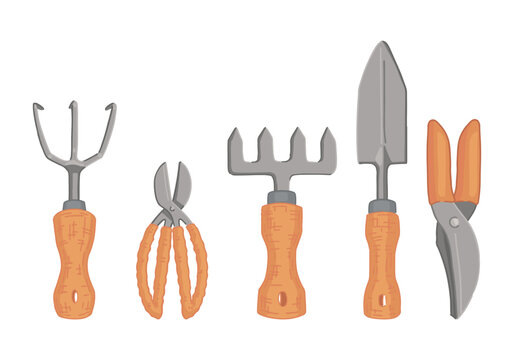 Gardening tools collection. Doodles set of cultivator, secateurs, rake, hand spade, scissors. Vector illustration in cartoon style isolated on white.