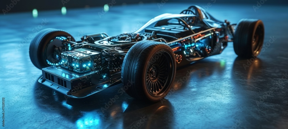 Poster 3d graphics rendering showing a fully developed prototype of an electric vehicle chassis, allowing y