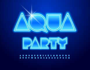 Vector neon poster Aqua Party. Big Blue Font. Illuminated set of Alphabet letters and Numbers.