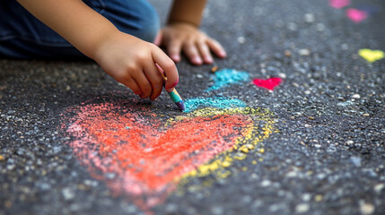child draws a heart with colored chalk on the asphalt. Selective focus. Generative AI, - obrazy, fototapety, plakaty