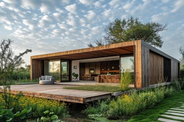 Fototapeta premium Modern eco-style wooden cottage exterior. Panoramic windows, spacious terrace, landscape design. Contemporary architecture concept for private residential houses.