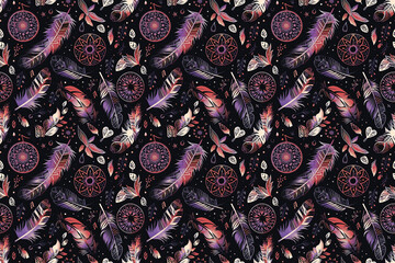 Bohemian seamless pattern with feathers, dream catchers, and beads on dark background.  - obrazy, fototapety, plakaty