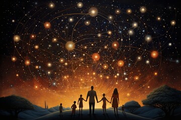 Constellation familiale, Exploration cosmique en famille : Quatre membres, deux adultes et deux enfants, émerveillés devant un ciel étoilé éblouissant, offrant une toile cosmique vaste et chaleureuse