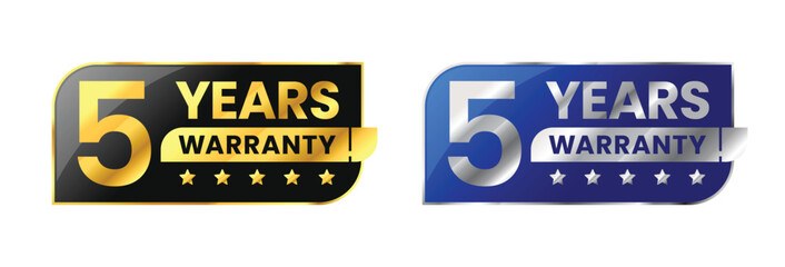 5 Years warranty label, badge, icon, logo. Parallelogram rhombus shape with gold and silver color. Vector Illustration