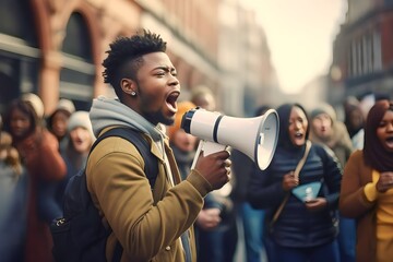 African male activist protesting via megaphone - obrazy, fototapety, plakaty