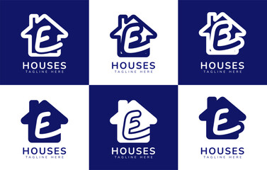 Set of houses home logo with letter E. This logo combines letters and house or home. Perfect for housing business, real estate, mortgage, house rental, house buying and selling.