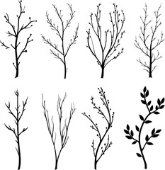 set of black branches and herbs. AI generated illustration.