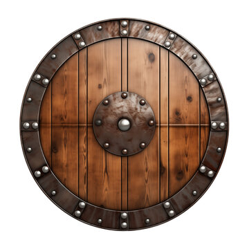 Viking wooden and iron shield isolated on cutout PNG transparent background