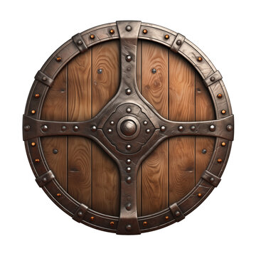 Viking wooden shield isolated on cutout PNG transparent background