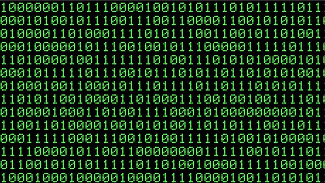Animated bits bytes, zero and one data on a black computer screen
