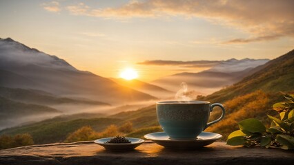 Cup of tea view on top of a mountain by the sunrise in the morning, Tea photograph