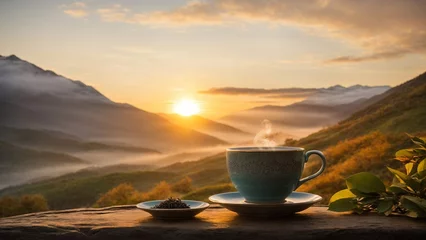 Selbstklebende Fototapeten Cup of tea view on top of a mountain by the sunrise in the morning, Tea photograph © Unsake