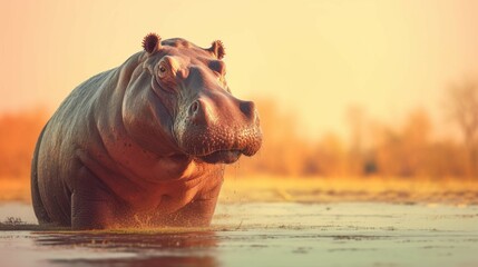 Portrait of a big male Hippo against savanna river Ai Generative