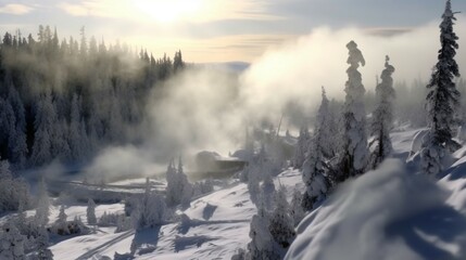 Snow covered trees and mist at Steamboat Geyser Ai Generative
