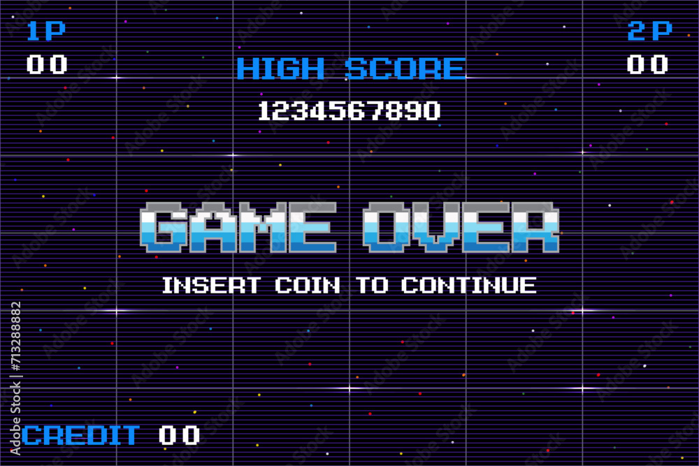 Poster game over insert a coin to continue .pixel art .8 bit game. retro game. for game assets .retro futur