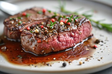Beef steak with pepper sauce made of cream, beef broth, butter, minced garlic, shallots served in plate