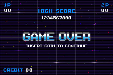 GAME OVER INSERT A COIN TO CONTINUE .pixel art .8 bit game. retro game. for game assets .Retro Futurism Sci-Fi Background. glowing neon grid. and stars from vintage arcade computer games