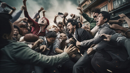Dynamic and intense protest scene with a crowd of animated people - obrazy, fototapety, plakaty