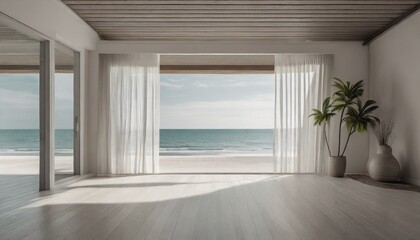 Empty living room of a luxurious summer beach house with sea views behind the curtains. Home decor. Interior design. Minimalist natural aesthetic architecture background.