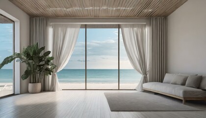 Empty living room of a luxurious summer beach house with sea views behind the curtains. Home decor. Interior design. Minimalist natural aesthetic architecture background.