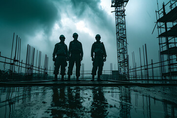 Silhouette of a team of business engineers at a construction site.Civil Engineer,labour worker.Building construction.