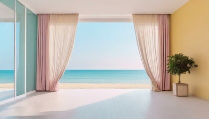 Fototapeta na wymiar Empty living room of a luxurious summer beach house with sea views behind the curtains. Home decor. Interior design. Minimalist natural aesthetic architecture background.
