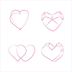 Doodle of heart,3D heart. Sketch of pink heart  symbol graphic set. Hand drawn heart.