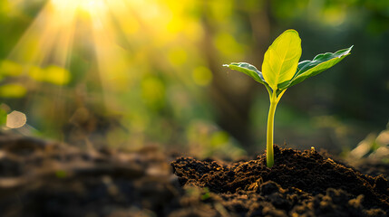 A fresh sprout growing in fertile soil in the morning sunlight. Generative AI