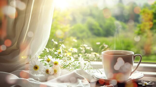 cup of tea on spring window Seamless looping 4k time-lapse virtual video animation background. Generated AI