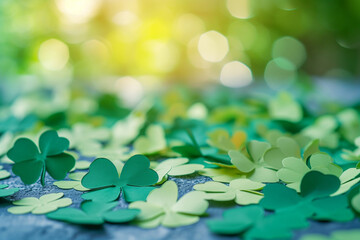 Green paper shamrocks scattered on a table, St. Patrick’s Day, blurred background, with copy space - obrazy, fototapety, plakaty