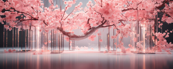 Delicate sakura flowers with crystal droplets suspended on graceful branches, on dark elegant background. Nature and modern aesthetics. A Japanese springtime celebration. Tranquility and relaxation.
