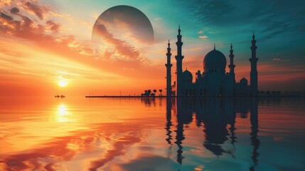 Serene Ramadan Banner- Mosque at Sunset with Tranquil Water Reflection and Prayers Filling the Air