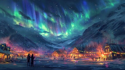 Celestial Celebration: Village Uniting under the Aurora and Comet, Amidst Solar Prominences, Embracing Togetherness and Resilience while Witnessing the Beauty, Festival Sponsoring Local Aid Programs.