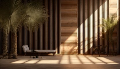 A wooden table set against a backdrop of a wooden wall, adorned with the graceful shadow of a palm tree. - obrazy, fototapety, plakaty