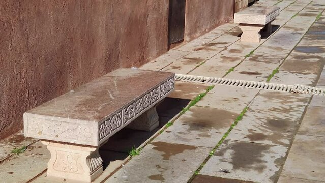 This is a view of the hand-carved marble benches in the Hassan Mosque located in Rabat, Morocco