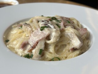 Carbonara spaghetti served in plate. Close up.