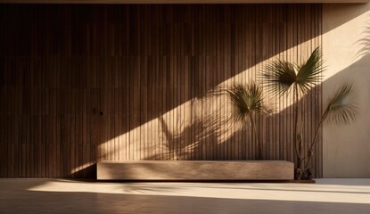 A wooden table set against a backdrop of a wooden wall, adorned with the graceful shadow of a palm tree.