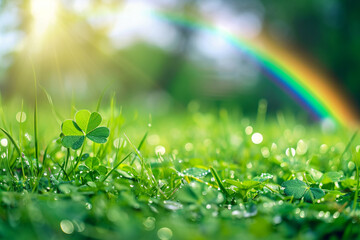 A green landscape with a rainbow in the background, St. Patrick’s Day, blurred background, with...