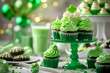 A green-themed dessert table with cupcakes, cookies, and candy for St. Patrick’s Day, St. Patrick’s Day, blurred background, with copy space
