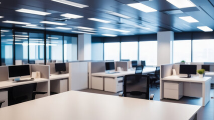 Fototapeta na wymiar Abstract blurred interior modern office space with business and empty space, people working, panoramic windows, and beautiful lighting background blur in business concept.