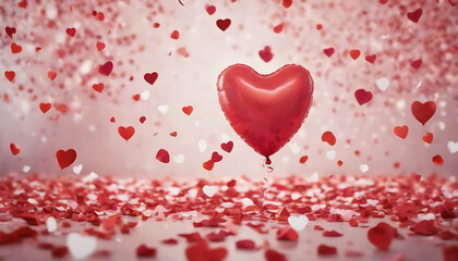 Valentines day background with red heart shaped balloon and confetti. Generative AI