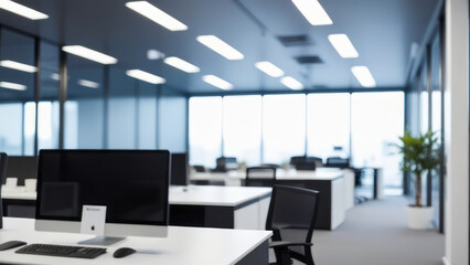 Abstract blurred interior modern office space with business and empty space, people working, panoramic windows, and beautiful lighting background blur in business concept.