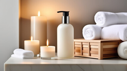 Create an inviting elegance with soft lighting, emphasizing the elegance of towels and beauty treatments, Towel with herbal bag and beauty treatments, candles, essential oils