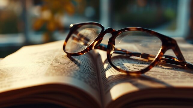 Close view of a pair of glasses placed on a book. Created with Generative Ai technology.
