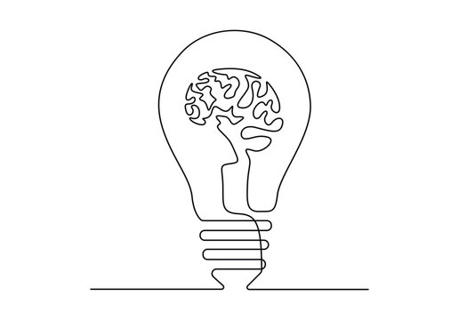 Simple human brain with electric light bulb continuous one line art. Isolated on white background vector illustration. Pro vector