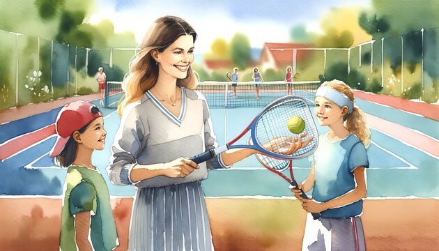 The image features a joyous tennis lesson with a woman and children on a sunny court.