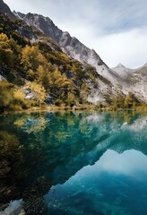 AI illustration of a serene lake surrounded by lush green trees and a majestic mountain.