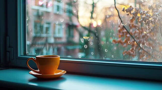 cup of tea on spring rain Seamless looping 4k time-lapse virtual video animation background. Generated AI
